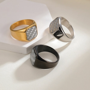 Men's titanium steel signet rings with carbon fiber inlay in gold, silver, and black colors