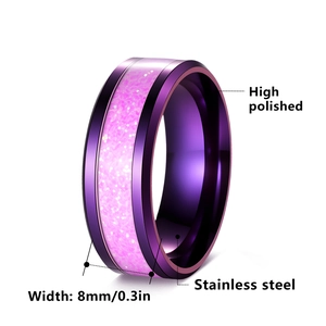 8mm polished stainless steel men's ring with purple finish and pink glitter inlay