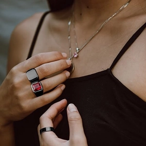 Three-piece titanium steel jewelry set with ruby inlay rings and layered necklaces