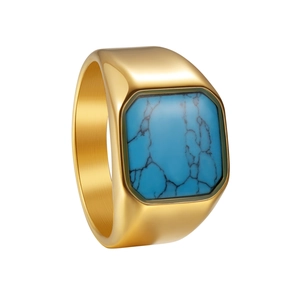 Vintage gold signet ring for men featuring a square turquoise stone and metal texture