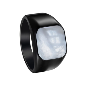 Macro view of matte black signet ring with square white mother of pearl inlay