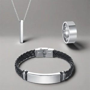 Men's Stainless Steel Jewelry Set Minimalist Bar Pendant Necklace Plain Ring Woven Leather Bracelet Fashion Accessory 3 Pcs Set