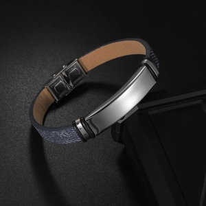 Polished stainless steel ID bracelet with dark grey textured fabric and leather strap