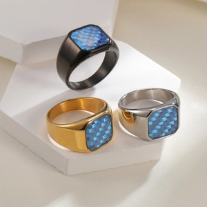 Men's titanium steel signet rings with blue carbon fiber inlay in black, gold and silver