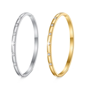 Minimalist 4MM Stainless Steel Bangle For Women Geometric Rhinestone Inlaid 18K Gold Plated Elegant Couple Bracelet Jewelry