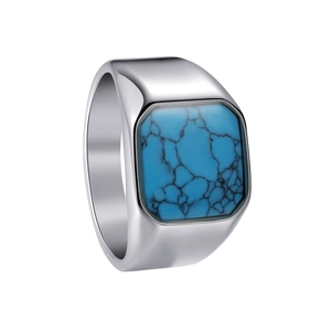 Vintage stainless steel ring with square turquoise stone and brushed silver finish