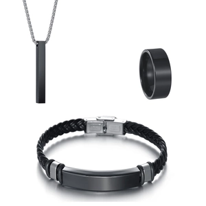 Men's 3-piece jewelry set with black stainless steel necklace, ring and braided bracelet