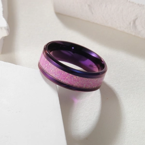 8mm purple and pink glitter titanium steel ring for men on white geometric stones