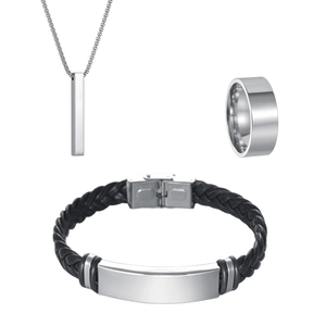 Men's stainless steel jewelry set with bar pendant, ring, and braided leather bracelet