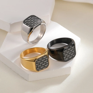 Men's titanium steel square signet rings with carbon fiber inlay in gold, silver, and black