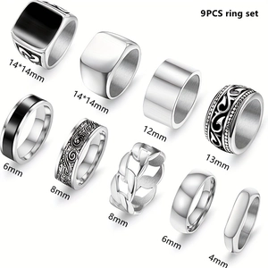 Ensemble de Bagues Vintage en Acier Inoxydable 304 pour Hommes Femmes Nœud Celtique Géométrique Creux Large Bague Bande Bijoux Huile Goutte Noire