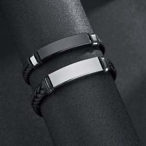 Minimalist black braided leather bracelets with engraved stainless steel metal plates