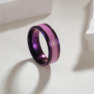 8mm purple titanium steel ring with sparkling pink inlay on minimalist stone base