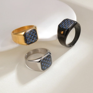 Titanium steel carbon fiber square signet rings in gold, silver, and black finish