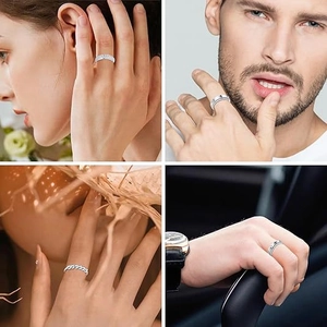 Polished titanium steel rings with frosted and diamond-set designs for men and women