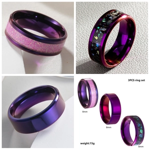 3PCS set of 8mm purple titanium steel rings with glitter inlay and polished finish