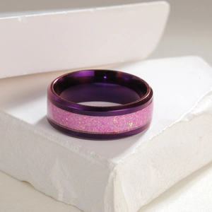 8mm purple titanium steel ring with sparkling pink glitter inlay for men