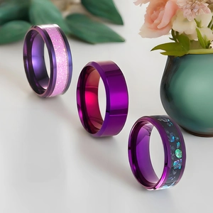 Three-piece purple titanium steel rings set with glitter and iridescent shell inlay