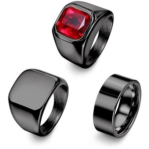 Titanium Stainless Steel Square Red Rhinestone Signet Ring And Smooth Band Ring And Flat Top Ring Combination For Men Women