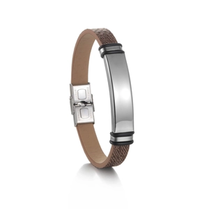 Close-up of brown litchi pattern leather bracelet with polished stainless steel metal plate