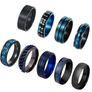 9-piece set of men's stainless steel rings in polished black and electroplated blue finishes