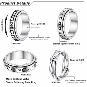 Four stainless steel spinner rings for stress relief with sun, moon and floral patterns