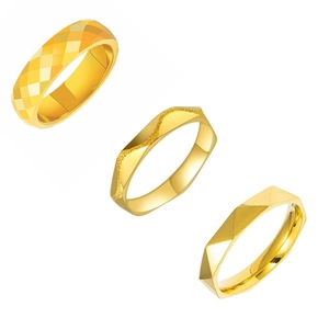 Three-piece set of geometric titanium steel rings with gold finish and rhombic textures