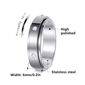 Bague rotative en acier inoxydable de 6 mm avec zircons cubiques clairs incrustés