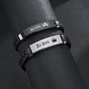 Stainless Steel Leather Woven Couple Bracelet Her King His Queen Crown Letter Engraved Braided Fashion Jewelry Bracelet Gift