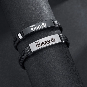 Matching braided leather couple bracelets with engraved Her King and His Queen charms