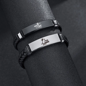 Couples stainless steel leather bracelets with Her King and His Queen engraved tags