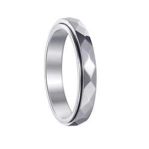 Macro detail of rotating faceted diamond pattern on minimalist stainless steel ring