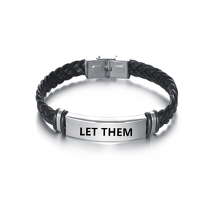 Black braided leather bracelet with stainless steel plate engraved with LET THEM text