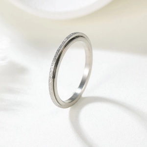 Detail of silver titanium steel spinner ring with frosted finish and polished edges