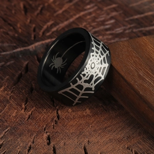 Gothic 10mm stainless steel ring with silver spider web pattern on black finish