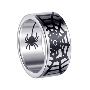 Gothic Spider Web Ring Stainless Steel Halloween Jewelry Antique Silver Black Punk Goth Band Ring For Men Women Gift