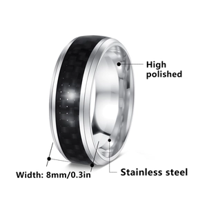Black titanium steel ring for men with 8mm blue carbon fiber inlay and polished edges
