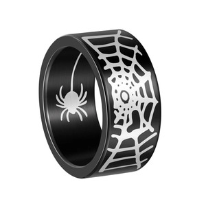 Gothic 10mm wide black spider web engraved stainless steel ring on white background