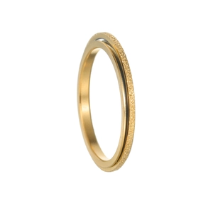 Detail of gold rotatable spinner ring with a textured frosted finish and smooth inner band