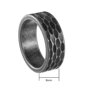 Vintage 8mm hammered texture stainless steel ring with rustic distressed silver finish