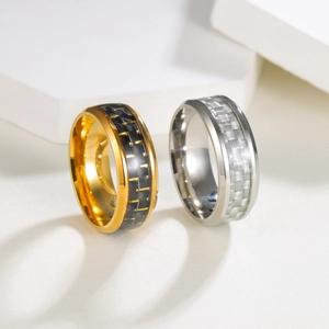 Detail of 8mm black titanium ring with blue carbon fiber inlay and beveled edges