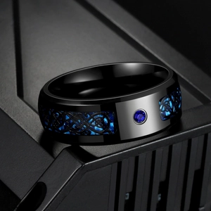 Men's titanium steel ring with blue carbon fiber, Celtic knot dragon pattern and gemstone