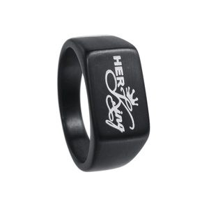 Bague en acier titane noir mat avec gravure laser HER King et symbole couronne pour couples