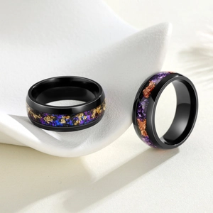 Men's black titanium steel ring set with inlaid amethyst, gold foil, and starry galaxy texture