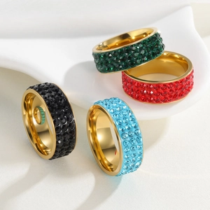 Fashion Titanium Steel 3 Rows Rhinestone Ring For Men Women Gold Plated Wide Band Geometric Finger Ring Jewelry Gift