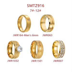 Five styles of gold stainless steel rings for men featuring matte and cubic zirconia inlay
