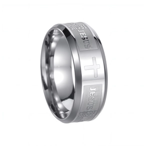 Bague pour homme en acier inoxydable argenté avec gravure Jésus et croix religieuse