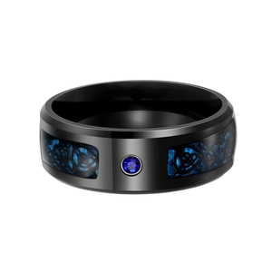 Men Titanium Steel Ring With Blue Carbon Fiber Celtic Knot Dragon Pattern Rhinestone Inlaid Black Band Ring Fashion Jewelry