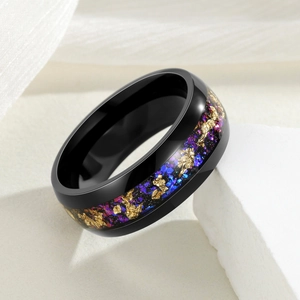 Men's black titanium steel ring with purple amethyst and gold foil inlay starfield effect