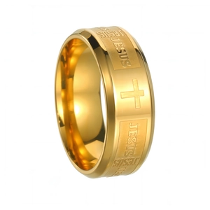 Bague large en acier inoxydable doré poli avec gravure religieuse Jésus et croix